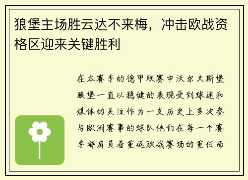 狼堡主场胜云达不来梅，冲击欧战资格区迎来关键胜利